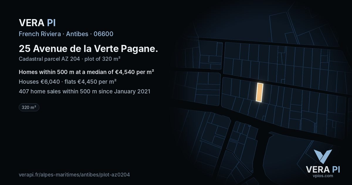 25 Avenue de la Verte Pagane, Antibes at night – the plot lit, the parcels around coloured by the prices near them
