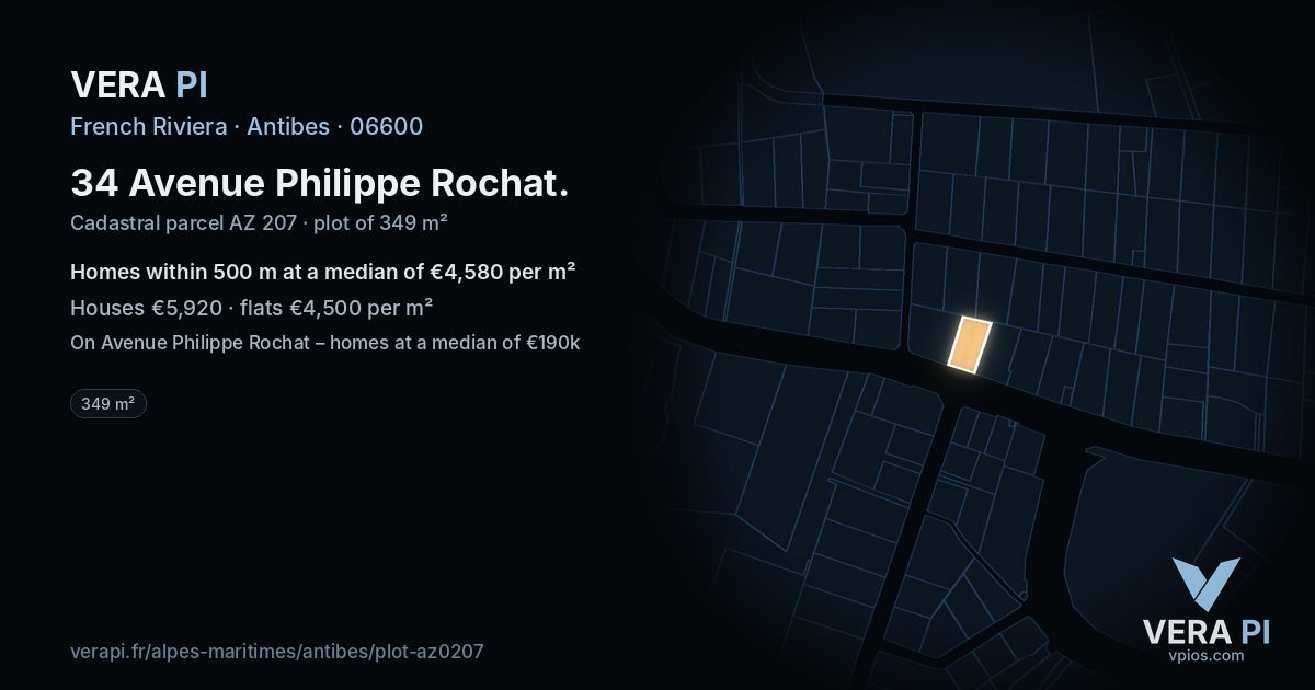 34 Avenue Philippe Rochat, Antibes at night – the plot lit, the parcels around coloured by the prices near them