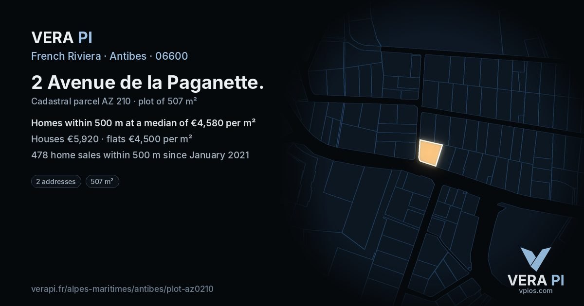 2 Avenue de la Paganette, Antibes at night – the plot lit, the parcels around coloured by the prices near them