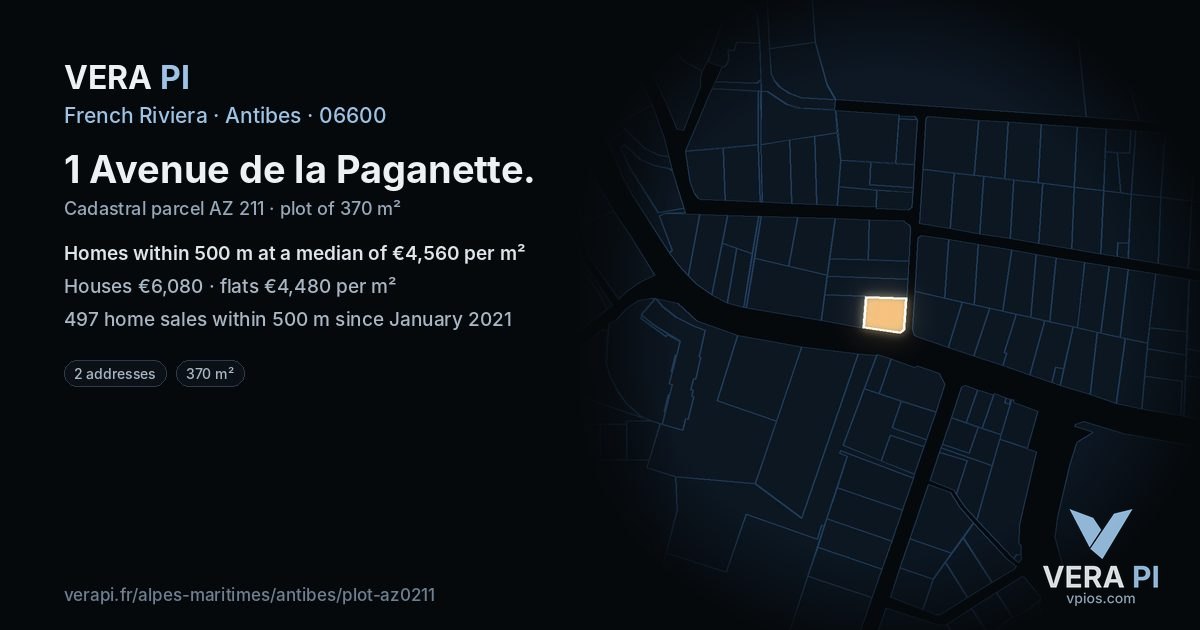1 Avenue de la Paganette, Antibes at night – the plot lit, the parcels around coloured by the prices near them