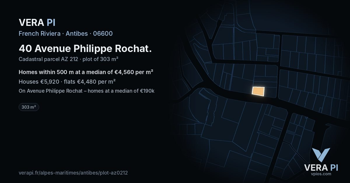 40 Avenue Philippe Rochat, Antibes at night – the plot lit, the parcels around coloured by the prices near them