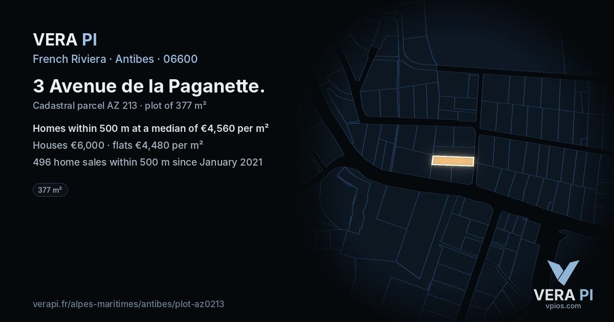 3 Avenue de la Paganette, Antibes at night – the plot lit, the parcels around coloured by the prices near them