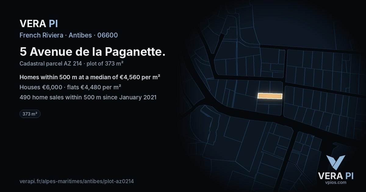 5 Avenue de la Paganette, Antibes at night – the plot lit, the parcels around coloured by the prices near them