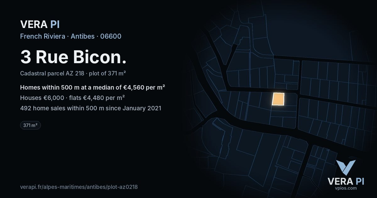3 Rue Bicon, Antibes at night – the plot lit, the parcels around coloured by the prices near them