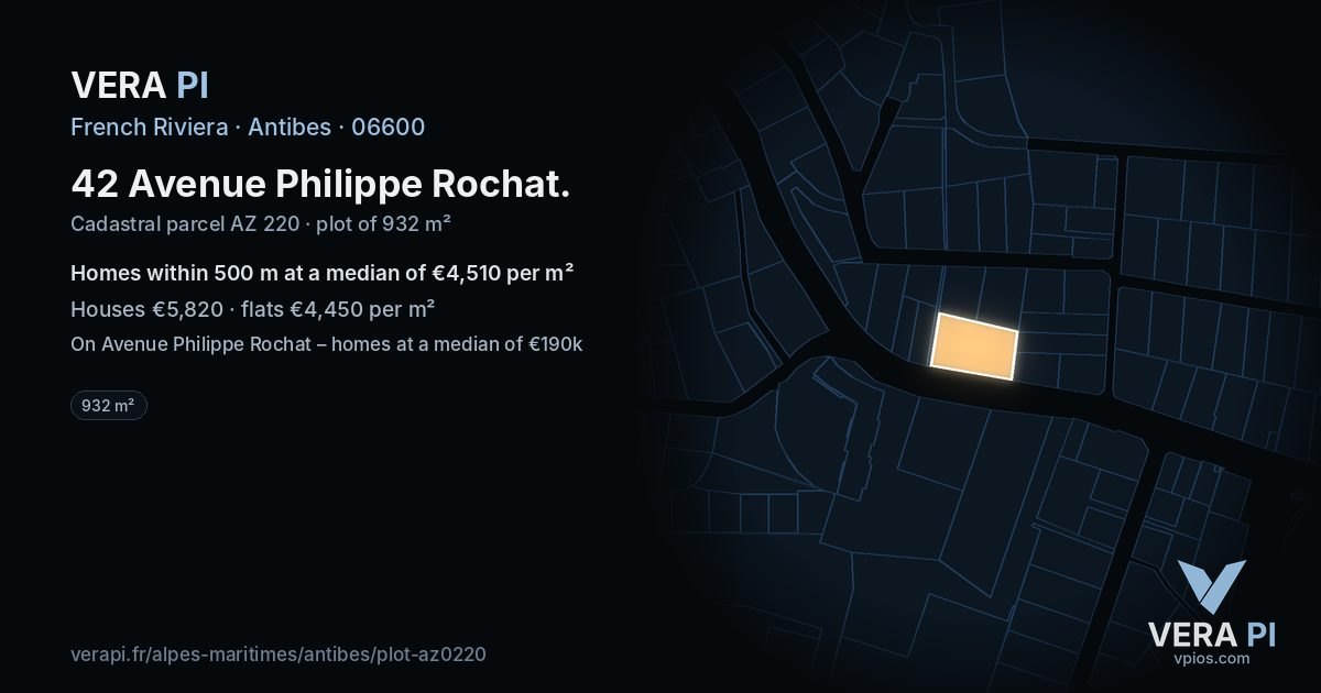 42 Avenue Philippe Rochat, Antibes at night – the plot lit, the parcels around coloured by the prices near them