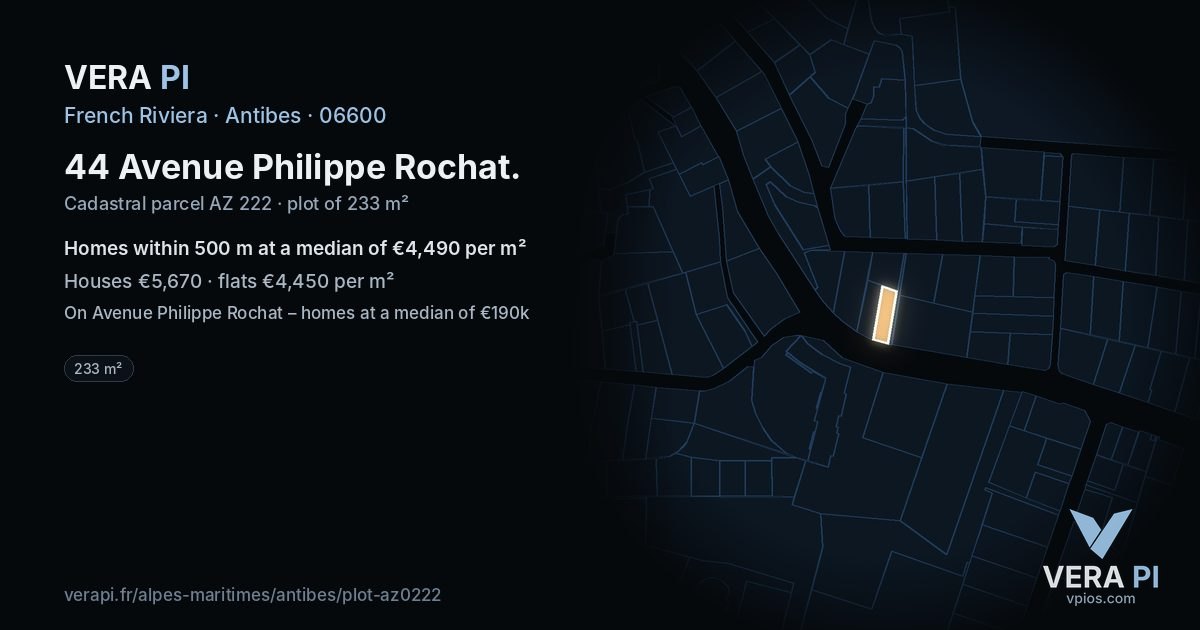 44 Avenue Philippe Rochat, Antibes at night – the plot lit, the parcels around coloured by the prices near them