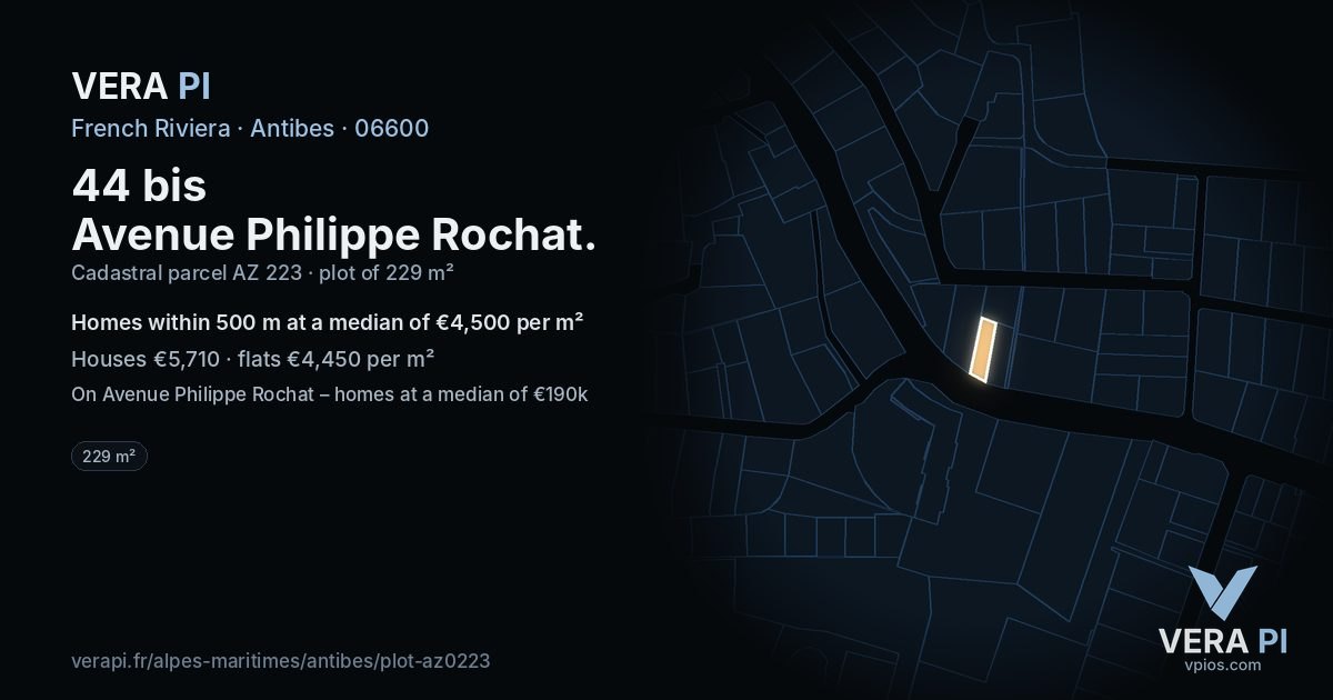 44 bis Avenue Philippe Rochat, Antibes at night – the plot lit, the parcels around coloured by the prices near them