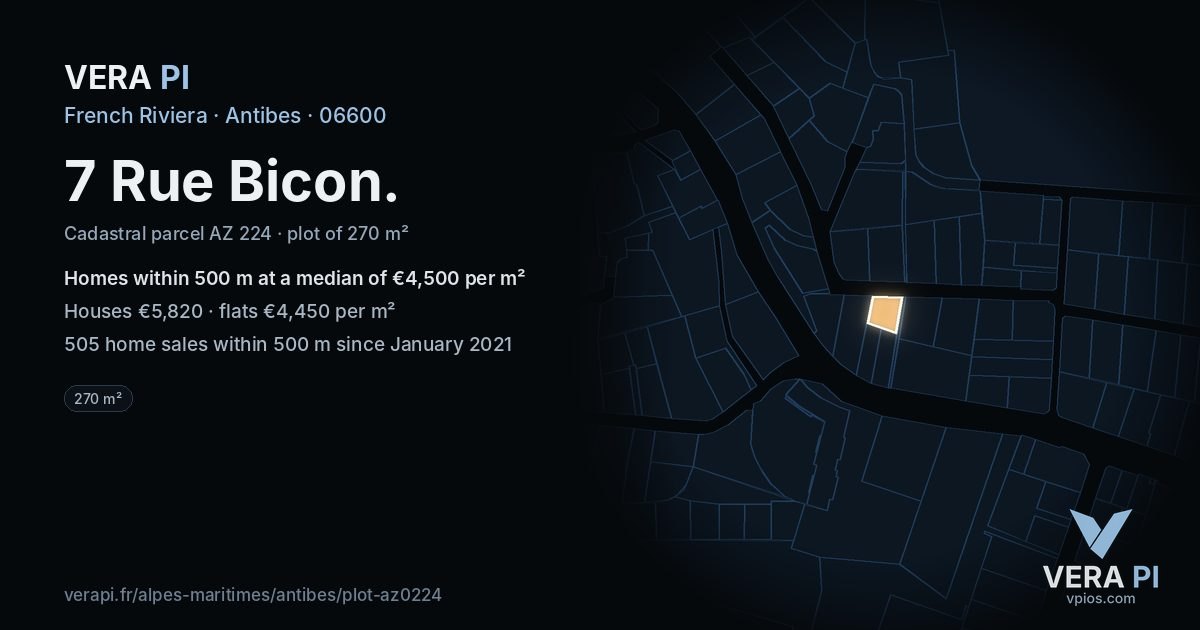 7 Rue Bicon, Antibes at night – the plot lit, the parcels around coloured by the prices near them