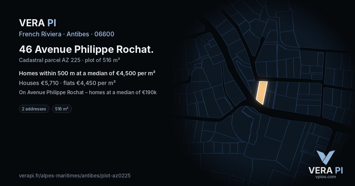 46 Avenue Philippe Rochat, Antibes at night – the plot lit, the parcels around coloured by the prices near them