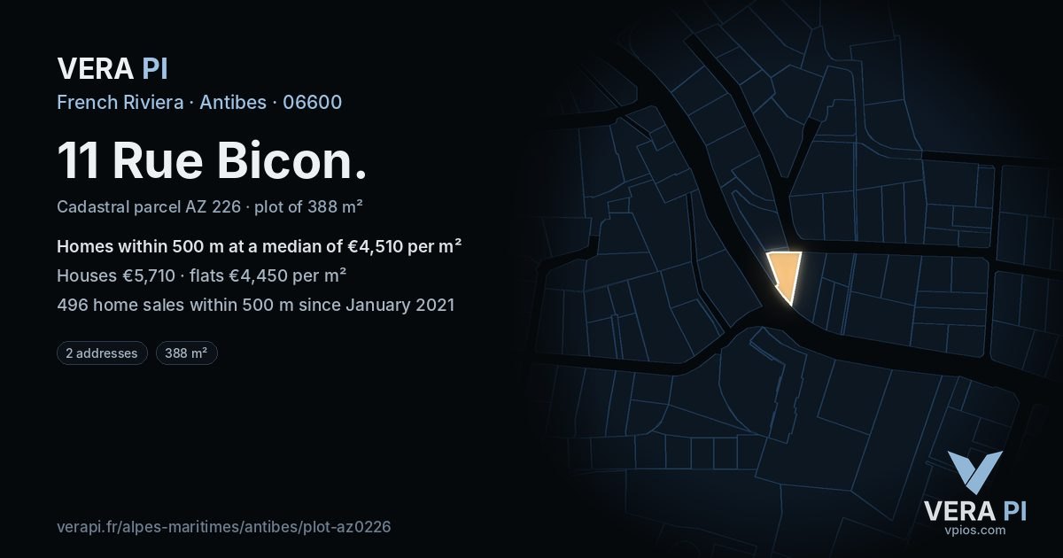 11 Rue Bicon, Antibes at night – the plot lit, the parcels around coloured by the prices near them