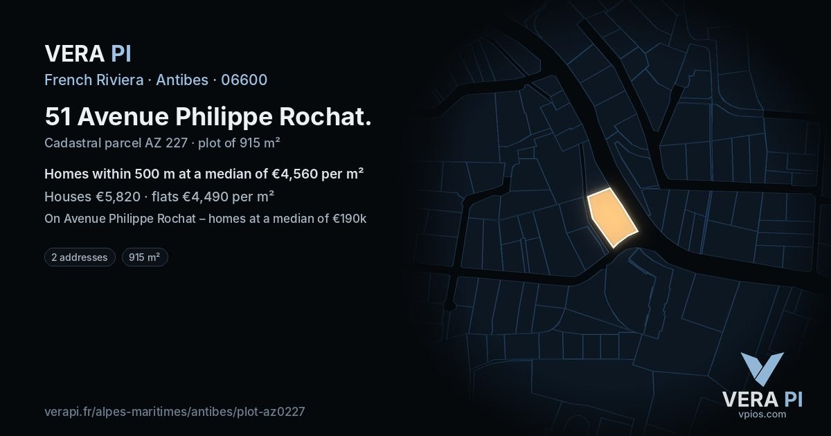 51 Avenue Philippe Rochat, Antibes at night – the plot lit, the parcels around coloured by the prices near them