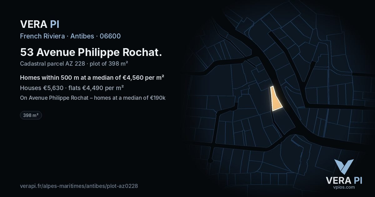 53 Avenue Philippe Rochat, Antibes at night – the plot lit, the parcels around coloured by the prices near them