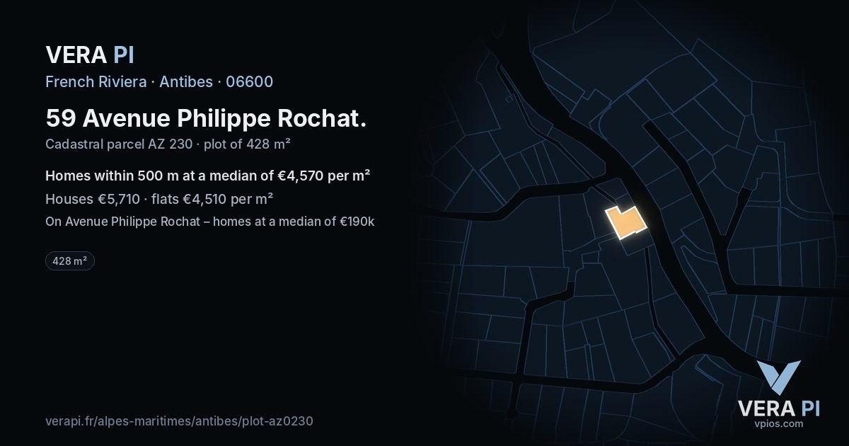 59 Avenue Philippe Rochat, Antibes at night – the plot lit, the parcels around coloured by the prices near them