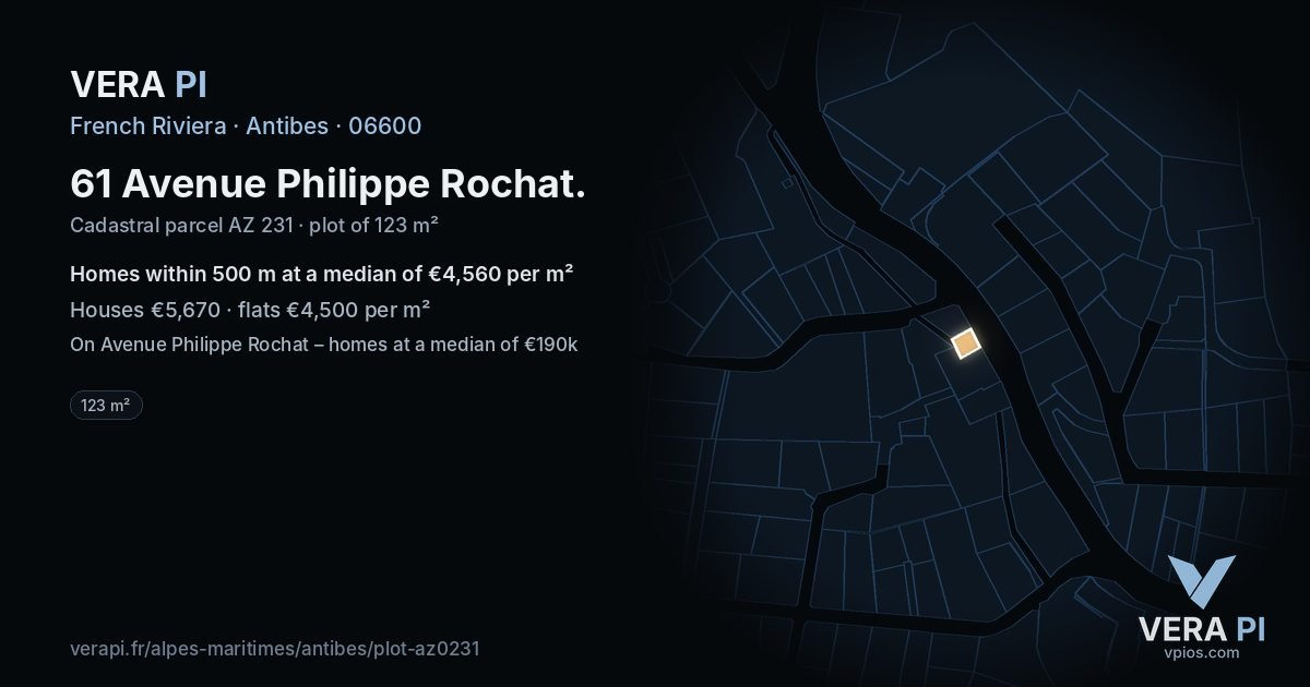 61 Avenue Philippe Rochat, Antibes at night – the plot lit, the parcels around coloured by the prices near them