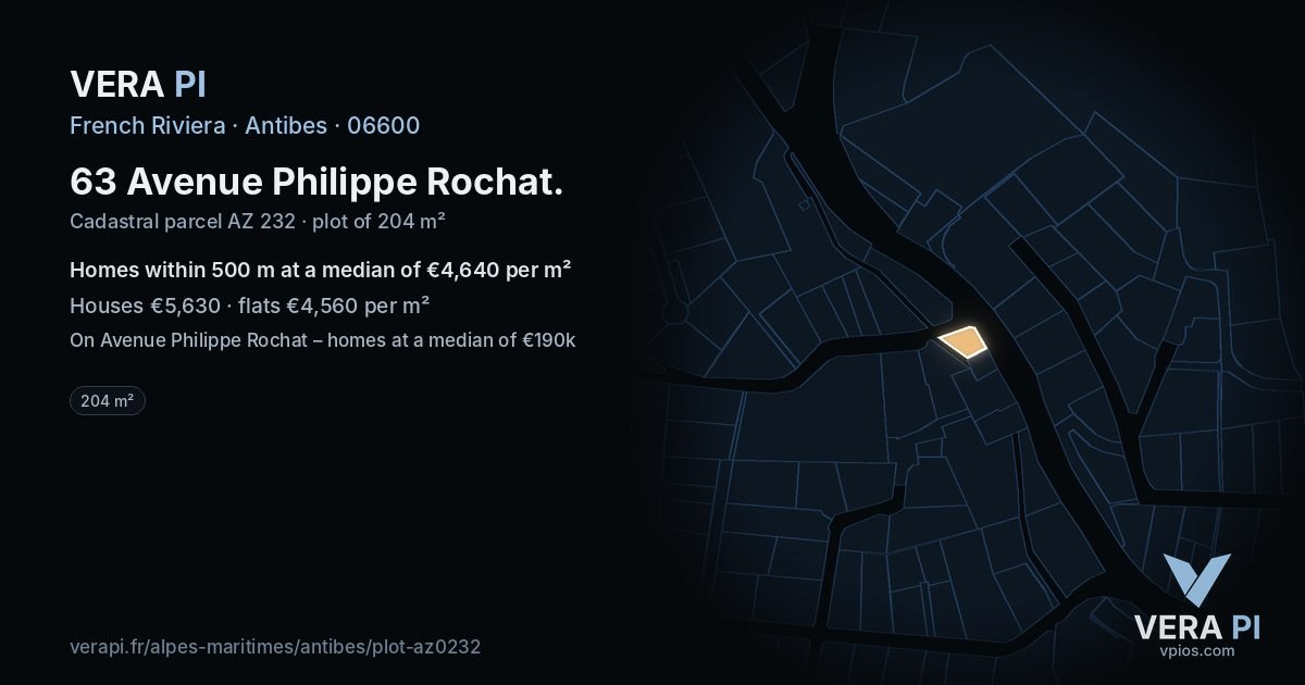 63 Avenue Philippe Rochat, Antibes at night – the plot lit, the parcels around coloured by the prices near them