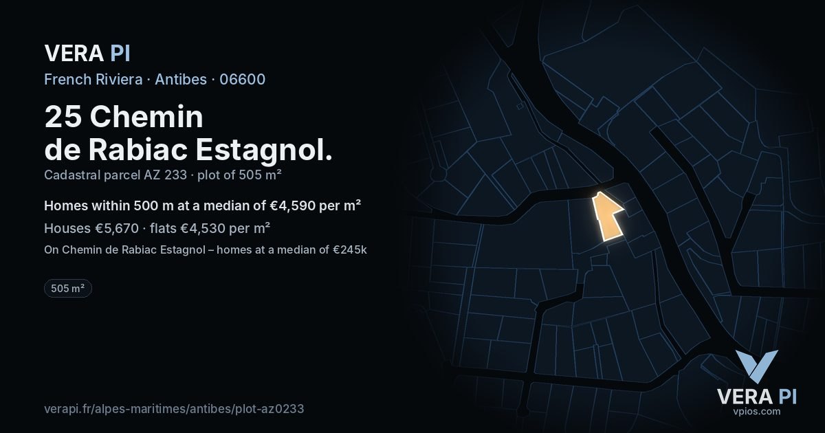 25 Chemin de Rabiac Estagnol, Antibes at night – the plot lit, the parcels around coloured by the prices near them