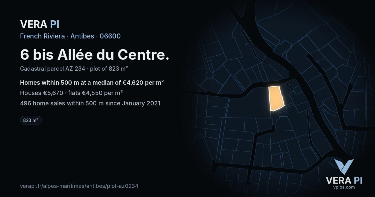 6 bis Allée du Centre, Antibes at night – the plot lit, the parcels around coloured by the prices near them