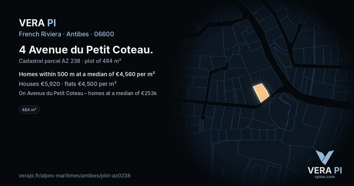 4 Avenue du Petit Coteau, Antibes at night – the plot lit, the parcels around coloured by the prices near them