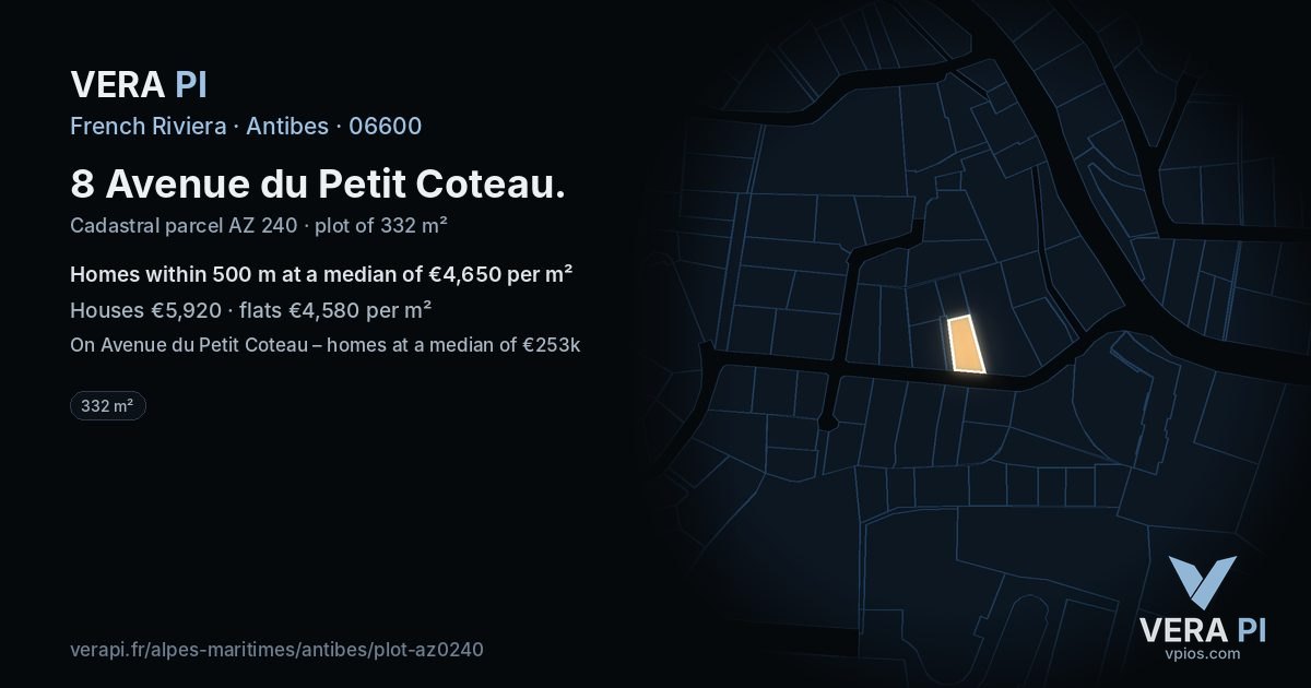 8 Avenue du Petit Coteau, Antibes at night – the plot lit, the parcels around coloured by the prices near them