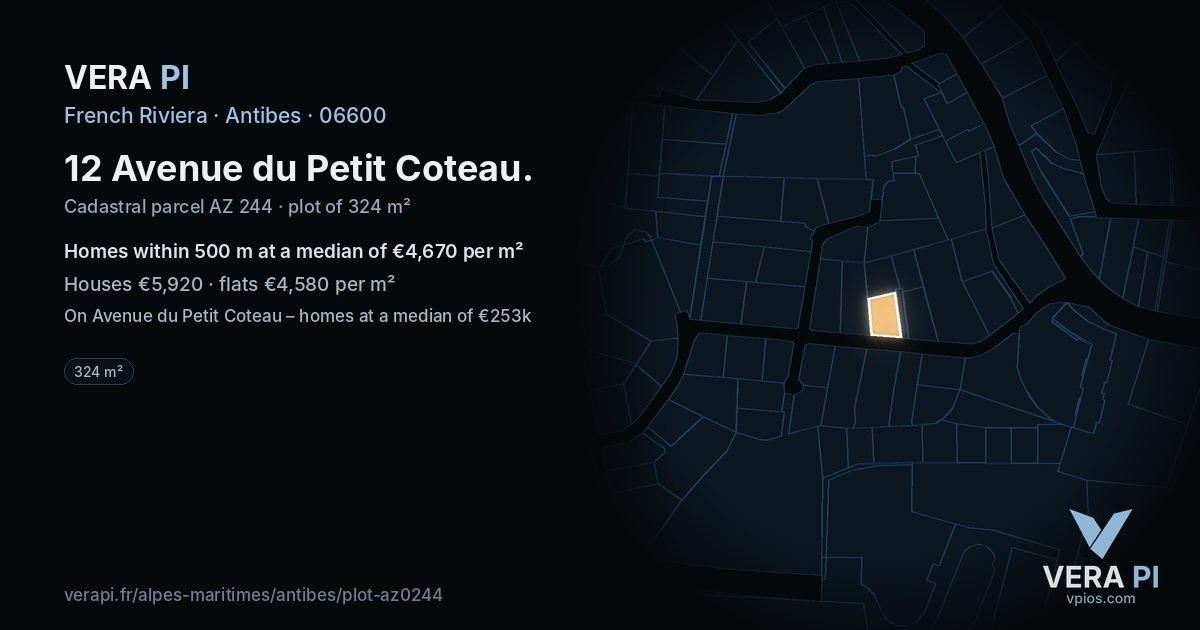 12 Avenue du Petit Coteau, Antibes at night – the plot lit, the parcels around coloured by the prices near them