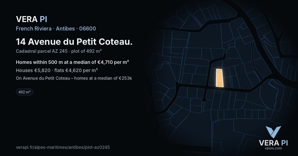 14 Avenue du Petit Coteau, Antibes at night – the plot lit, the parcels around coloured by the prices near them
