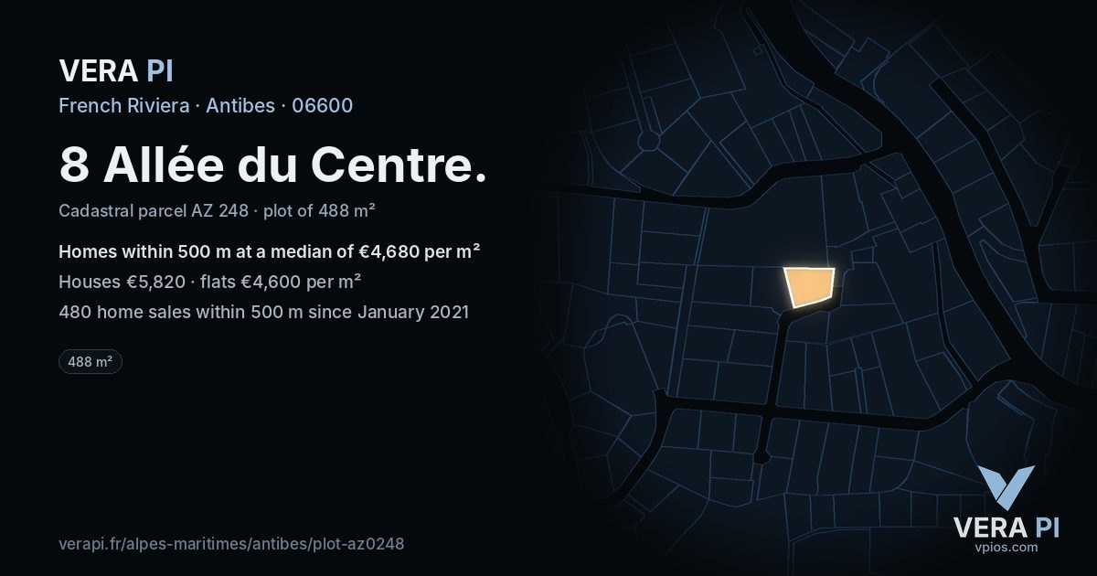 8 Allée du Centre, Antibes at night – the plot lit, the parcels around coloured by the prices near them