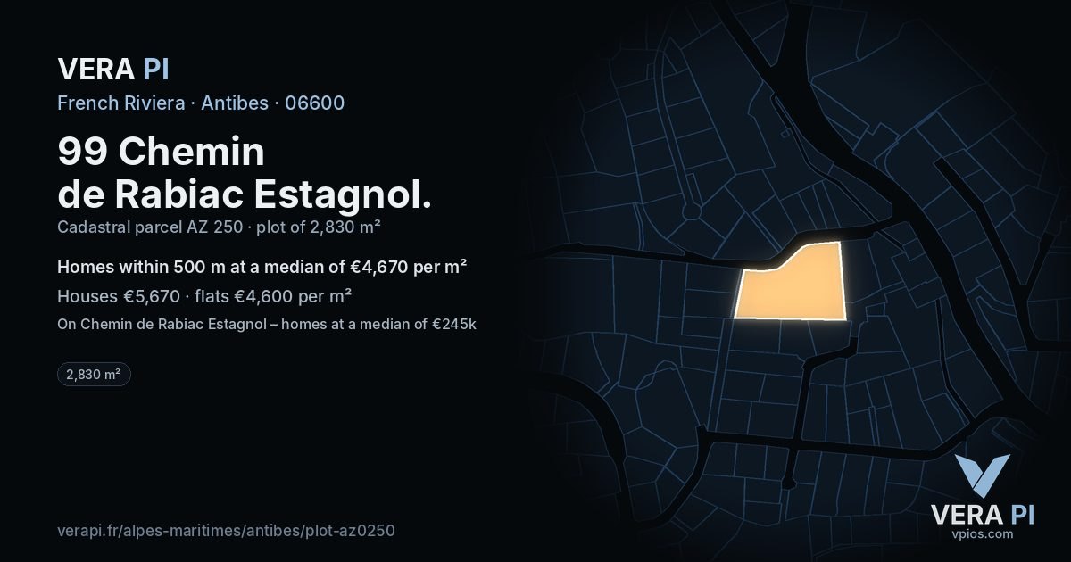 99 Chemin de Rabiac Estagnol, Antibes at night – the plot lit, the parcels around coloured by the prices near them
