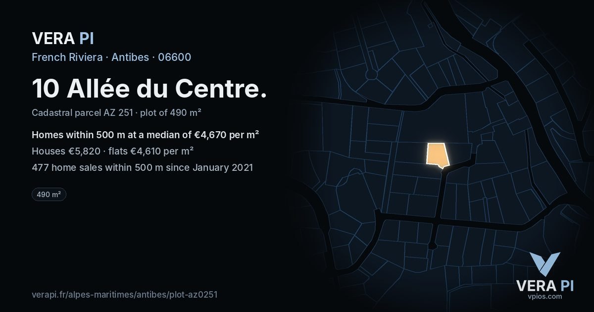 10 Allée du Centre, Antibes at night – the plot lit, the parcels around coloured by the prices near them
