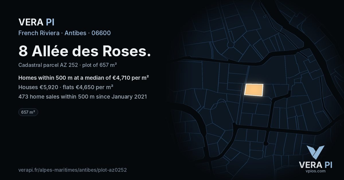 8 Allée des Roses, Antibes at night – the plot lit, the parcels around coloured by the prices near them