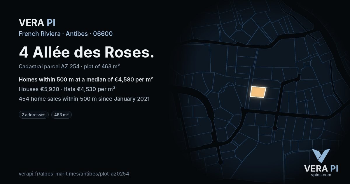 4 Allée des Roses, Antibes at night – the plot lit, the parcels around coloured by the prices near them