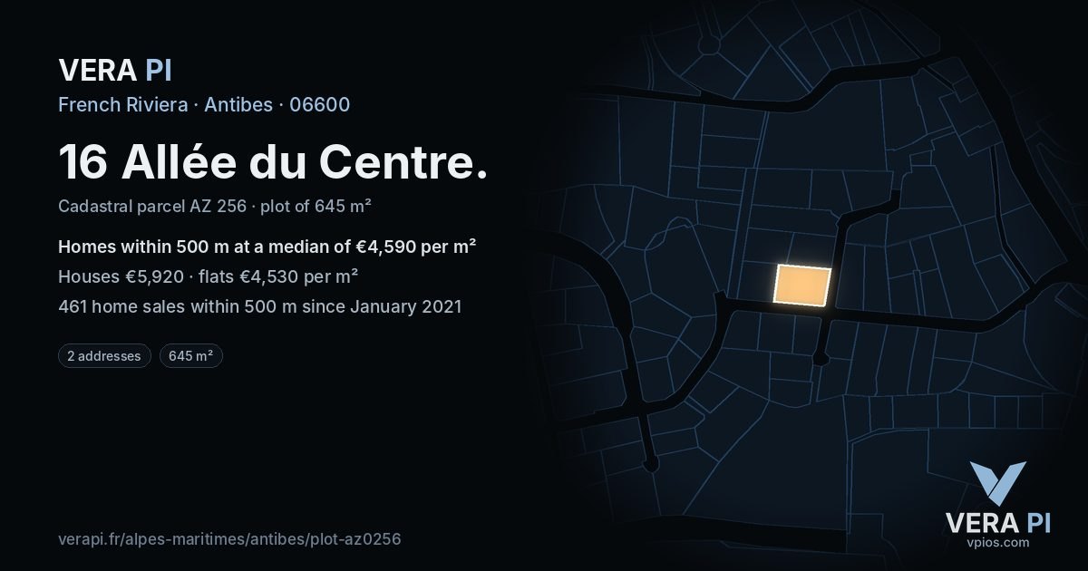 16 Allée du Centre, Antibes at night – the plot lit, the parcels around coloured by the prices near them