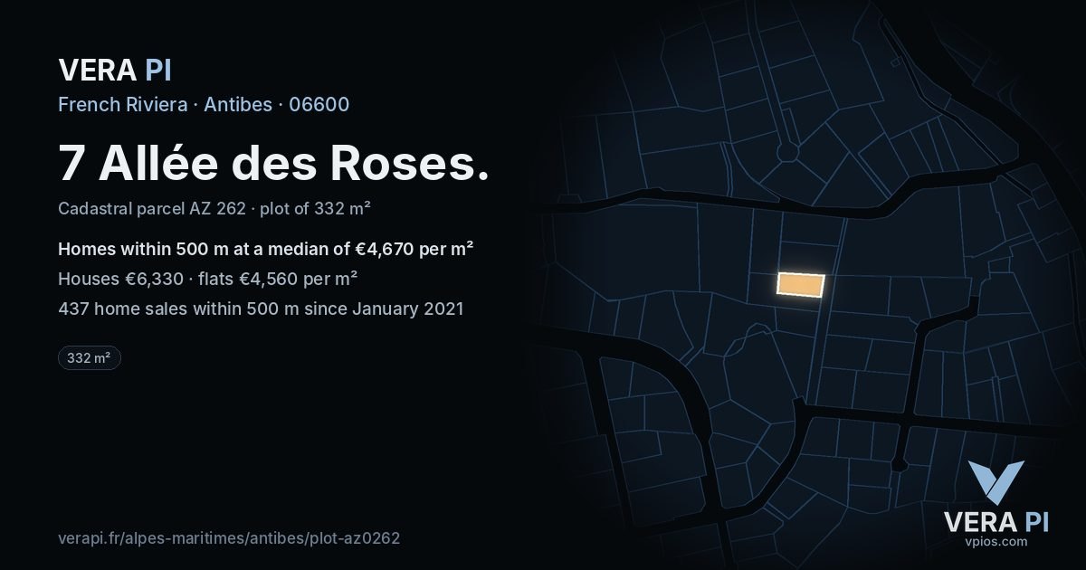 7 Allée des Roses, Antibes at night – the plot lit, the parcels around coloured by the prices near them