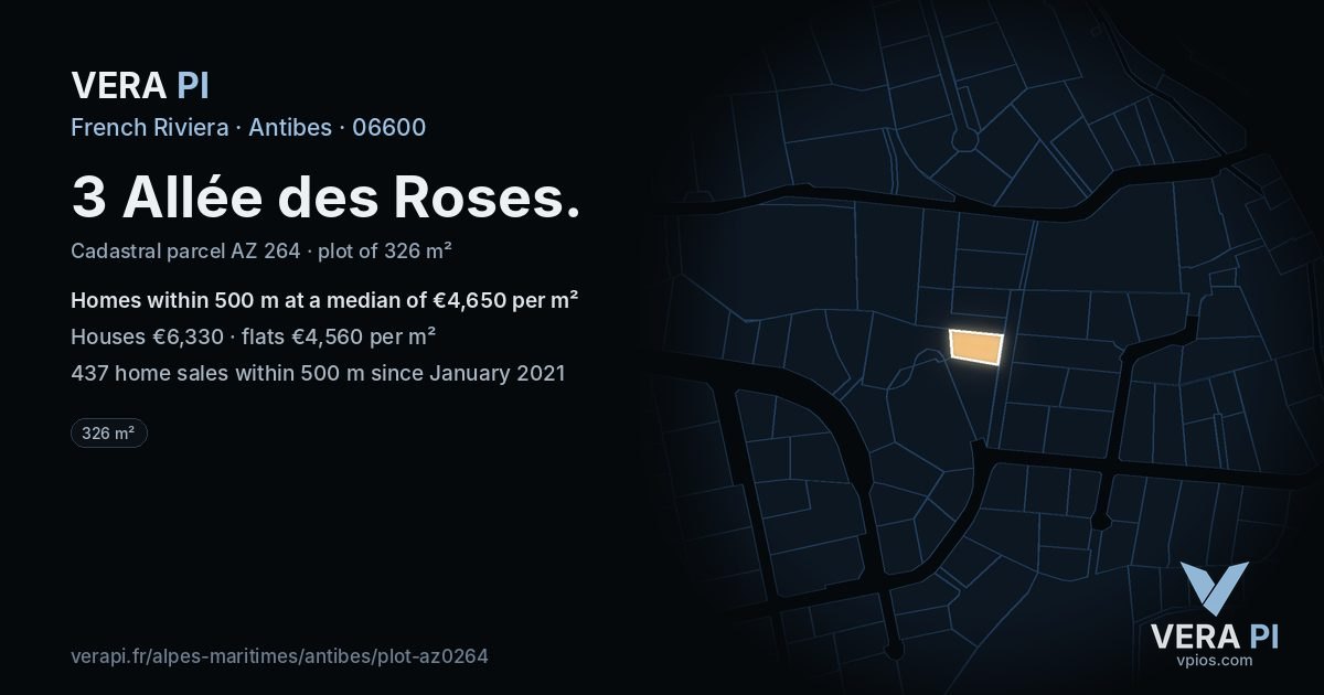 3 Allée des Roses, Antibes at night – the plot lit, the parcels around coloured by the prices near them
