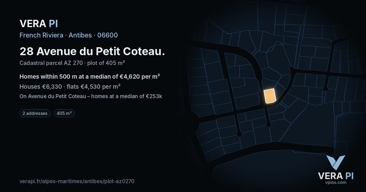 28 Avenue du Petit Coteau, Antibes at night – the plot lit, the parcels around coloured by the prices near them