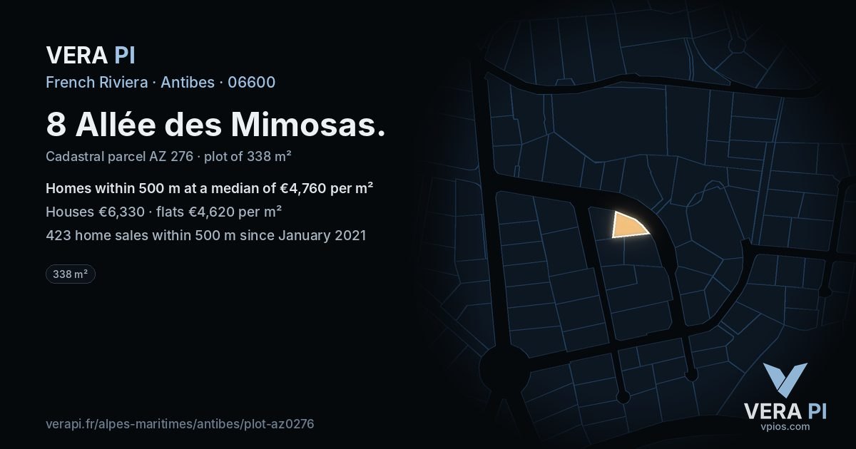 8 Allée des Mimosas, Antibes at night – the plot lit, the parcels around coloured by the prices near them