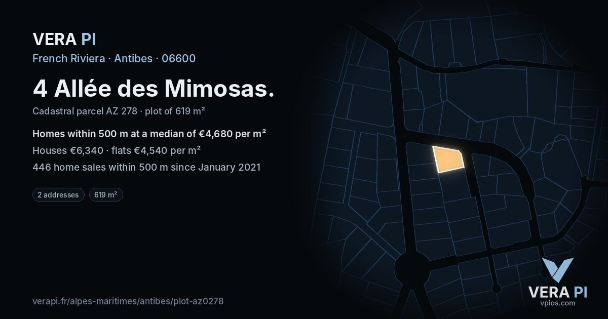 4 Allée des Mimosas, Antibes at night – the plot lit, the parcels around coloured by the prices near them