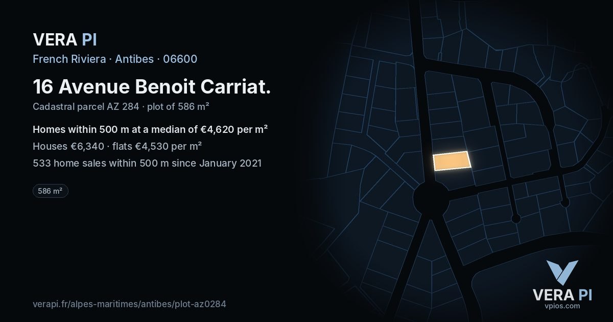 16 Avenue Benoit Carriat, Antibes at night – the plot lit, the parcels around coloured by the prices near them