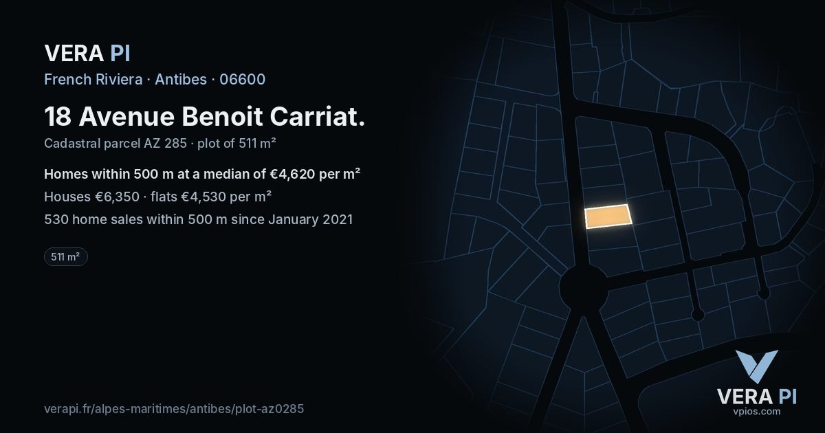 18 Avenue Benoit Carriat, Antibes at night – the plot lit, the parcels around coloured by the prices near them