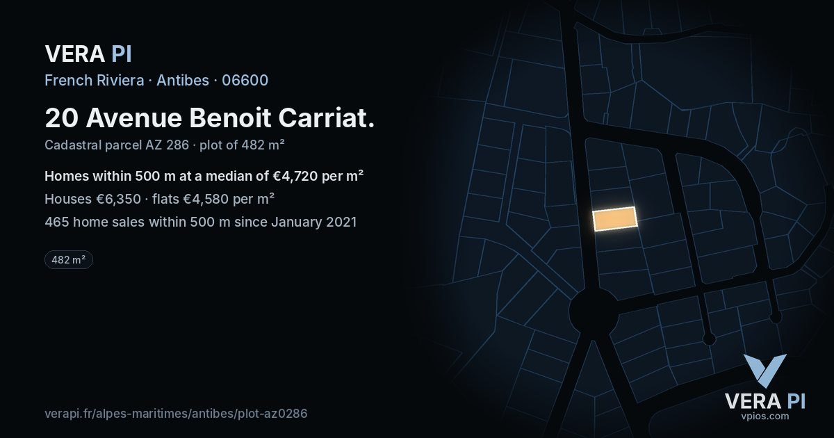 20 Avenue Benoit Carriat, Antibes at night – the plot lit, the parcels around coloured by the prices near them