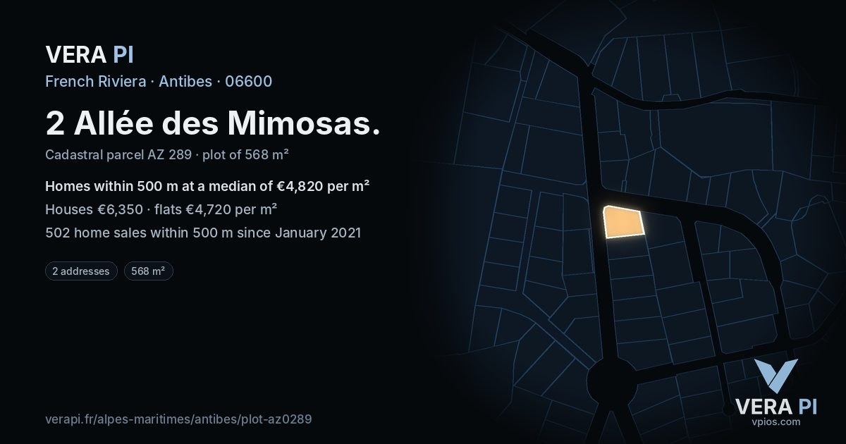2 Allée des Mimosas, Antibes at night – the plot lit, the parcels around coloured by the prices near them
