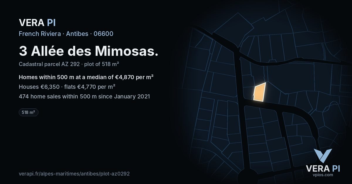 3 Allée des Mimosas, Antibes at night – the plot lit, the parcels around coloured by the prices near them