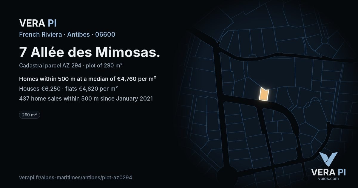 7 Allée des Mimosas, Antibes at night – the plot lit, the parcels around coloured by the prices near them