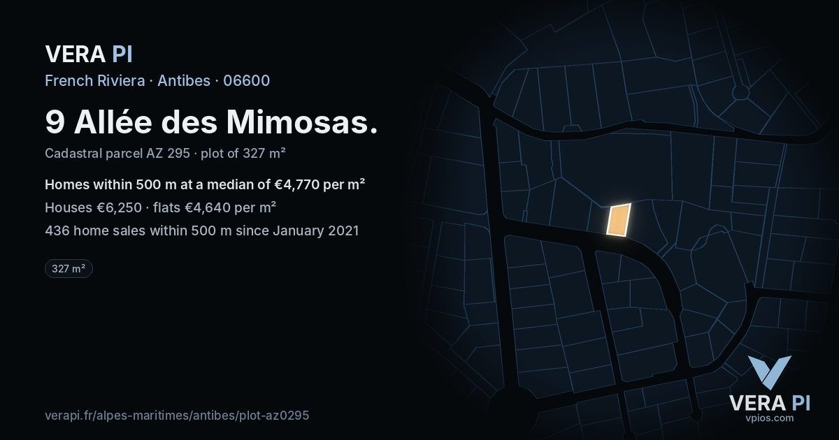9 Allée des Mimosas, Antibes at night – the plot lit, the parcels around coloured by the prices near them