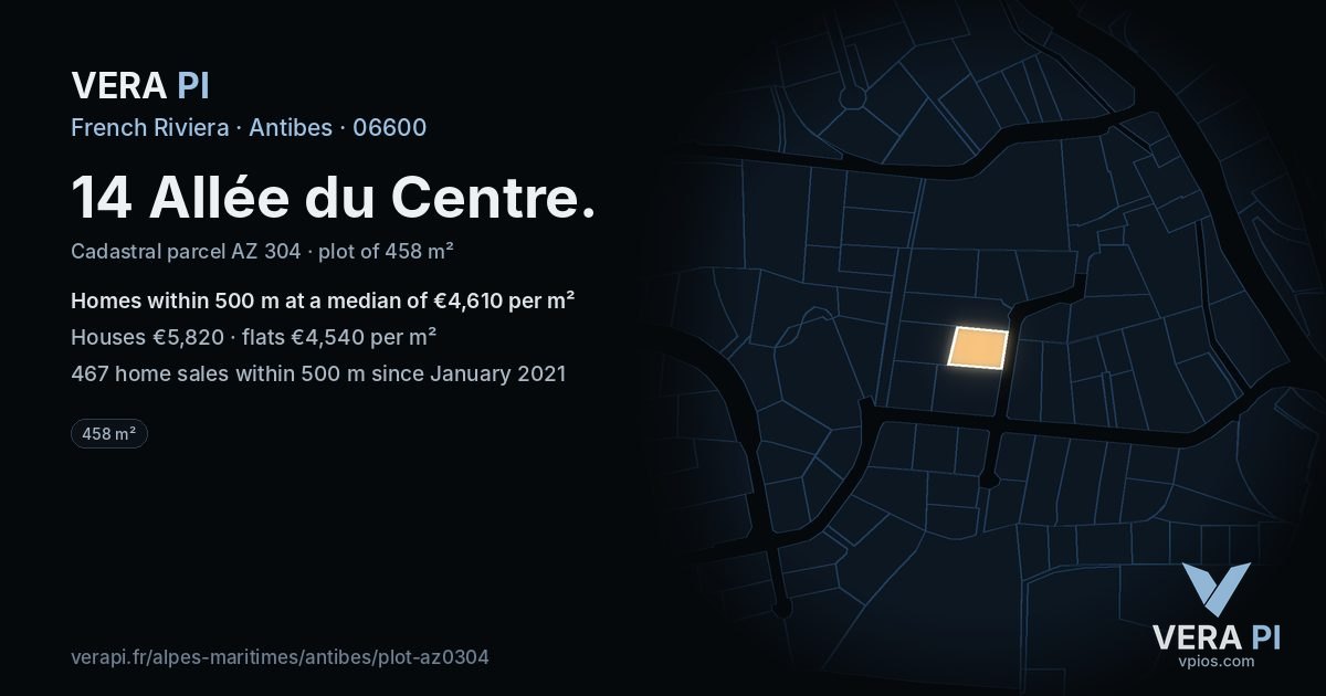 14 Allée du Centre, Antibes at night – the plot lit, the parcels around coloured by the prices near them