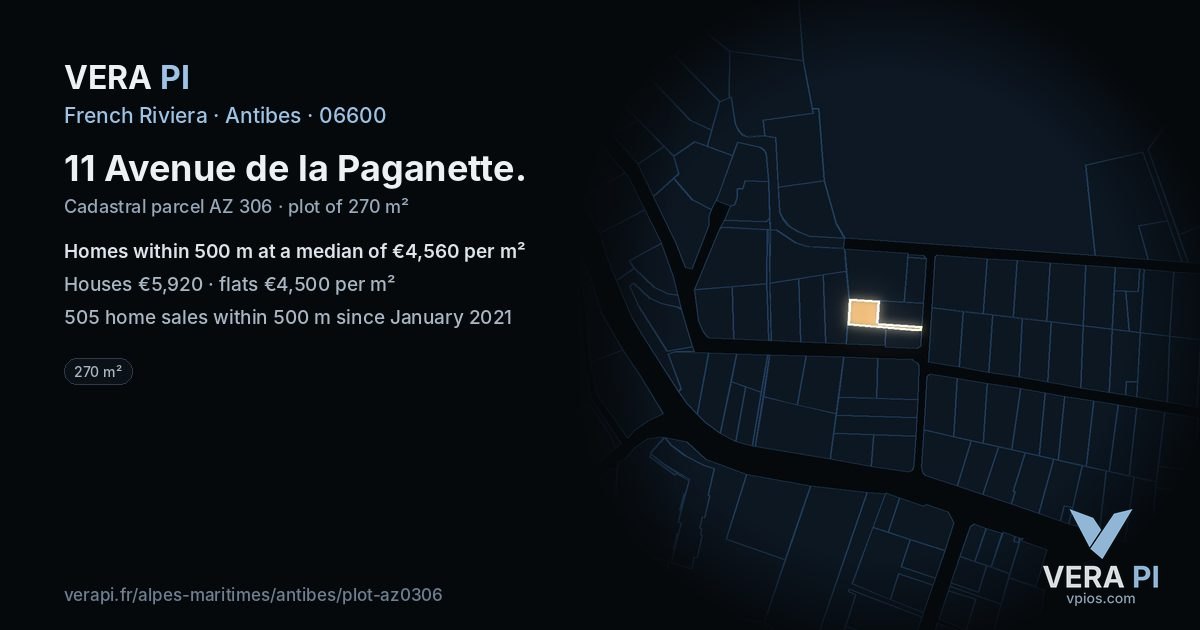 11 Avenue de la Paganette, Antibes at night – the plot lit, the parcels around coloured by the prices near them