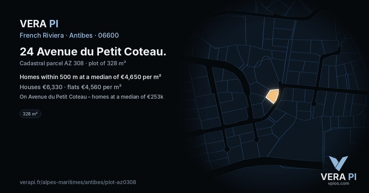 24 Avenue du Petit Coteau, Antibes at night – the plot lit, the parcels around coloured by the prices near them