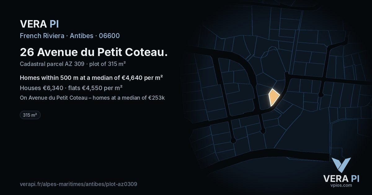 26 Avenue du Petit Coteau, Antibes at night – the plot lit, the parcels around coloured by the prices near them