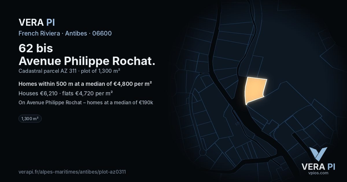 62 bis Avenue Philippe Rochat, Antibes at night – the plot lit, the parcels around coloured by the prices near them