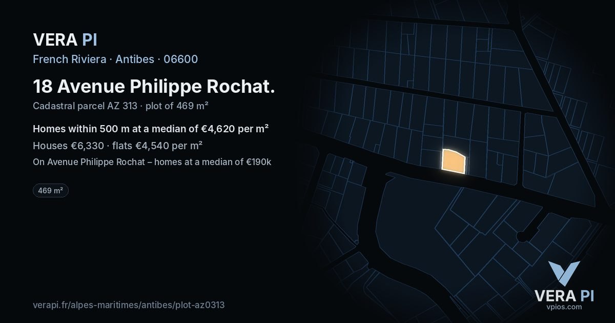 18 Avenue Philippe Rochat, Antibes at night – the plot lit, the parcels around coloured by the prices near them