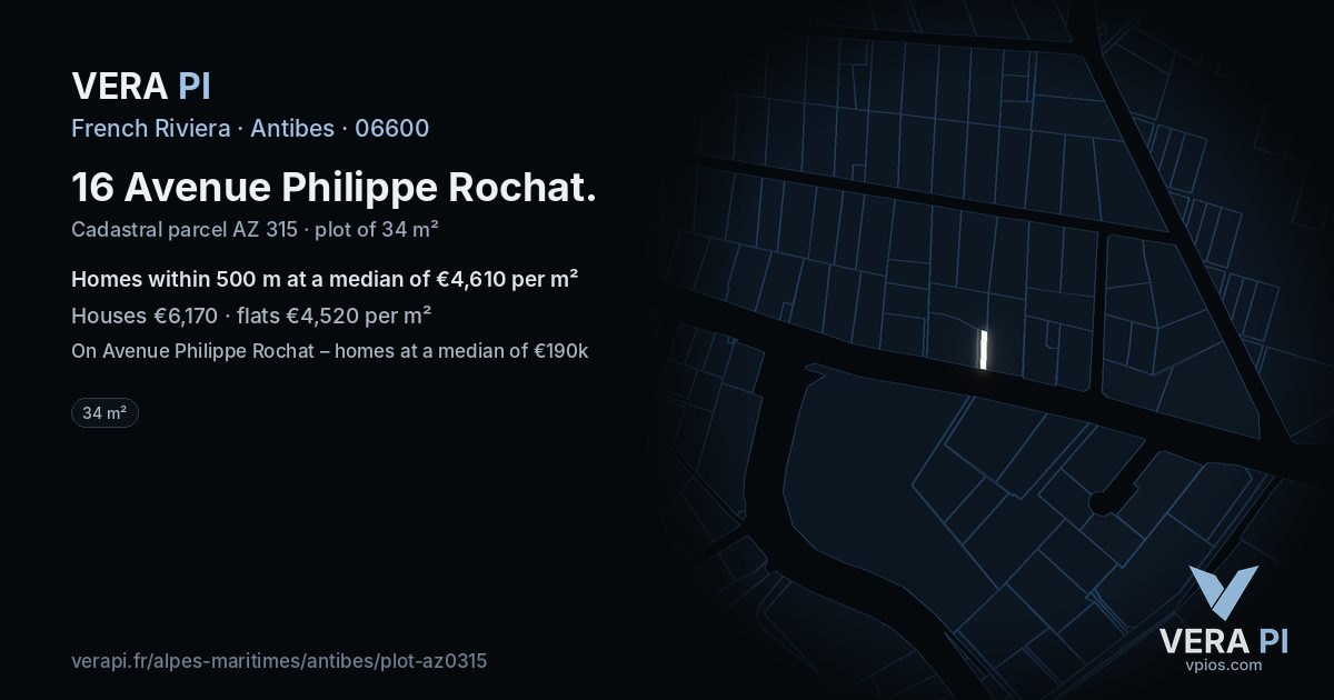 16 Avenue Philippe Rochat, Antibes at night – the plot lit, the parcels around coloured by the prices near them